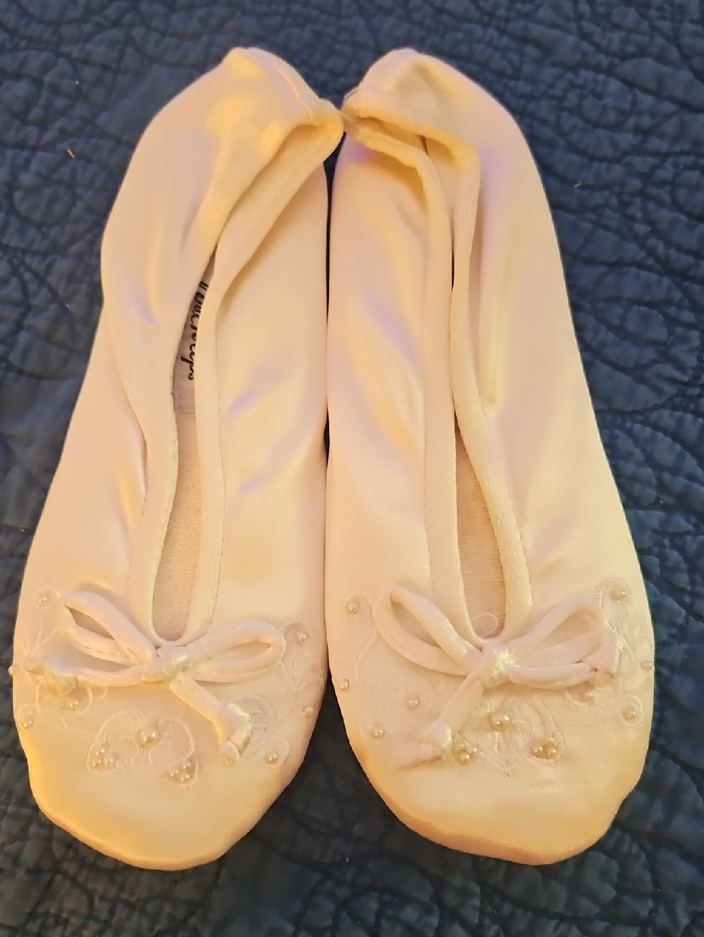 Touch Ups Cream Ballet Flats Slipper with Bow & Bead Detail